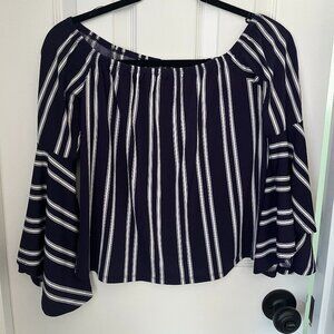 Express Off the Shoulder Navy Blue and White Top with Bell Sleeves